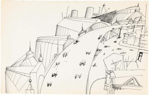 Untitled, 1958. Ink on paper, 14 ½ x 22 7/8 in. Blanton Museum of Art, University of Texas at Austin; Gift of The Saul Steinberg Foundation.