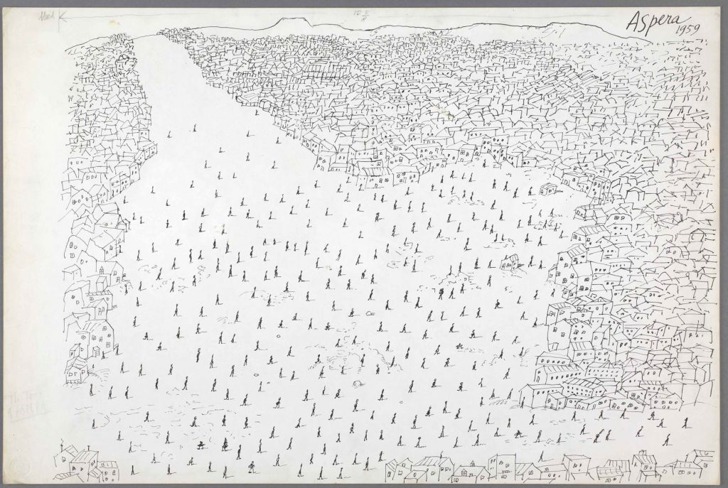 <em>Aspera</em>, 1959. Ink on board, 20 x 30 in. The Art Institute of Chicago; Gift of The Saul Steinberg Foundation.