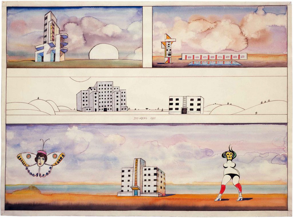 <em>Architect’s Wife</em>, 1981. Watercolor, colored pencil, and collage on paper, 22 ¼ x 30 ¼ in. Private collection.