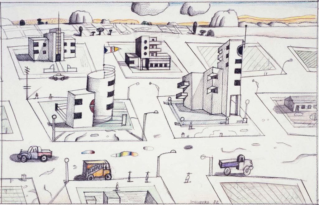 <em>Bauhaus Street</em>, 1982. Crayon and pencil on paper, 15 ¼ x 24 ¼ in. Private collection.