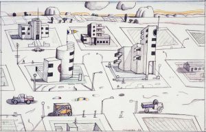 Bauhaus Street, 1982. Crayon and pencil on paper, 15 ¼ x 24 ¼ in. Private collection