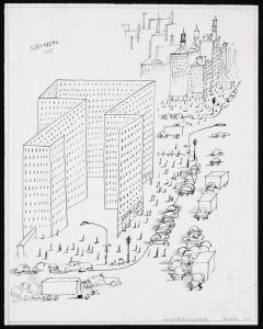 Original drawing for The New Yorker, August 21, 1965. Project, 1965. Ink on paper, 14 ½ x 11 ½ in. Saul Steinberg Papers, Beinecke Rare Book and Manuscript Library, Yale University