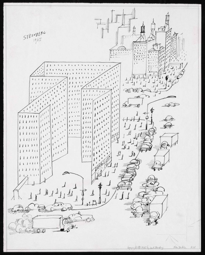 Original drawing for <em>The New Yorker</em>, August 21, 1965. <em>Project</em>, 1965. Ink on paper, 14 ½ x 11 ½ in. Saul Steinberg Papers, Beinecke Rare Book and Manuscript Library, Yale University.