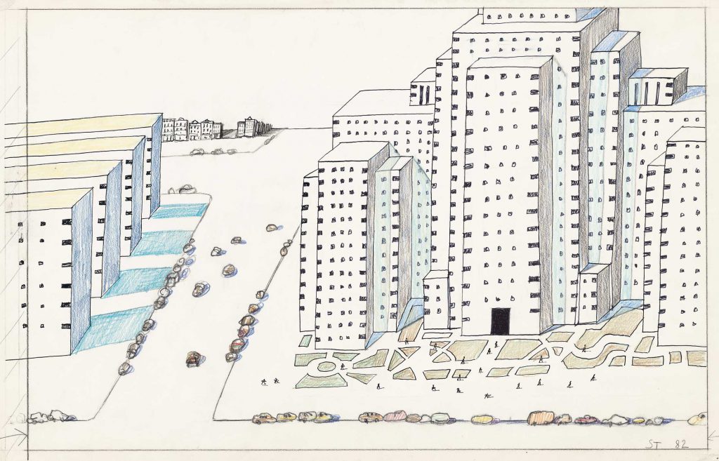 Original drawing for the portfolio “Architecture: Housing,” <em>The New Yorker</em>, April 4, 1983. <em>Untitled</em>, 1982. Marker, colored pencil, crayon, and pencil on paper, 14 ½ x 23 in. The Saul Steinberg Foundation.