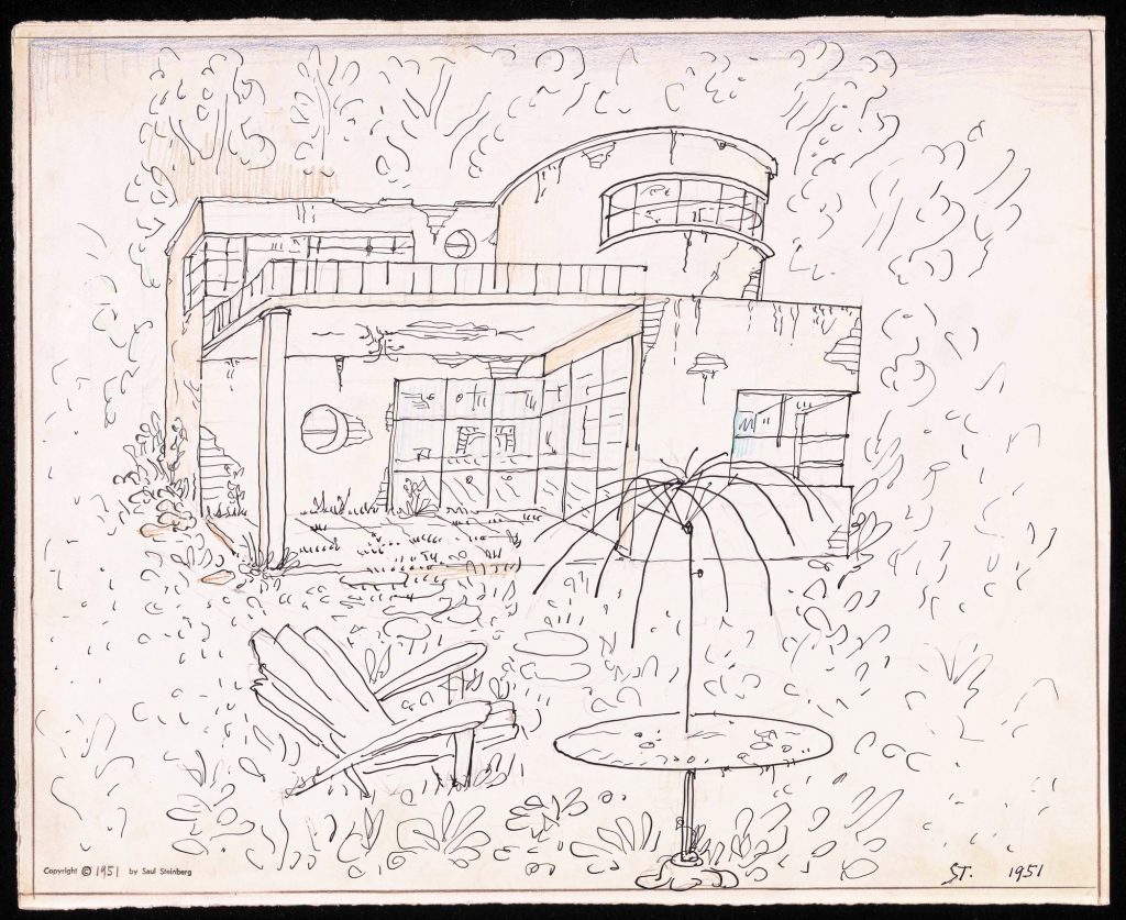 <em>Untitled</em>, 1951. Ink and crayon on paper, 10 ½ x 14 ½ in. Saul Steinberg Papers, Beinecke Rare Book and Manuscript Library, Yale University.