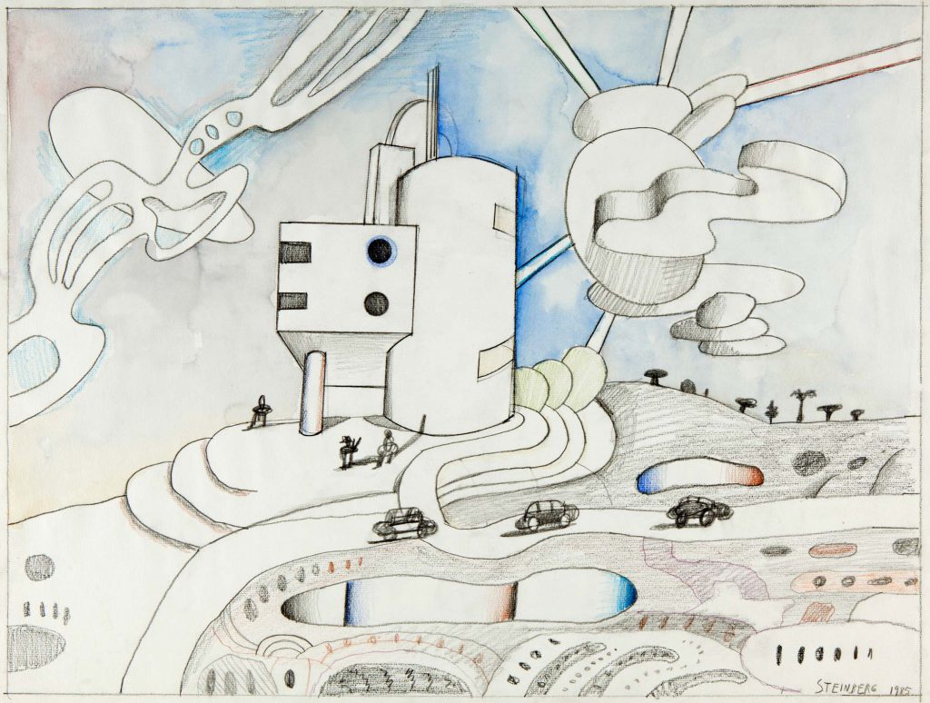 <em>Untitled</em>, 1985. Pencil, colored pencil, and watercolor on paper, 19 ¾ x 25 ¾ in. The Saul Steinberg Foundation.