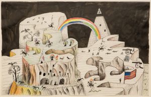 Untitled [Mesa], 1965. Ink, crayon, colored pencil, rubber stamps, and watercolor on paper, 14 x 23 in. Private collection