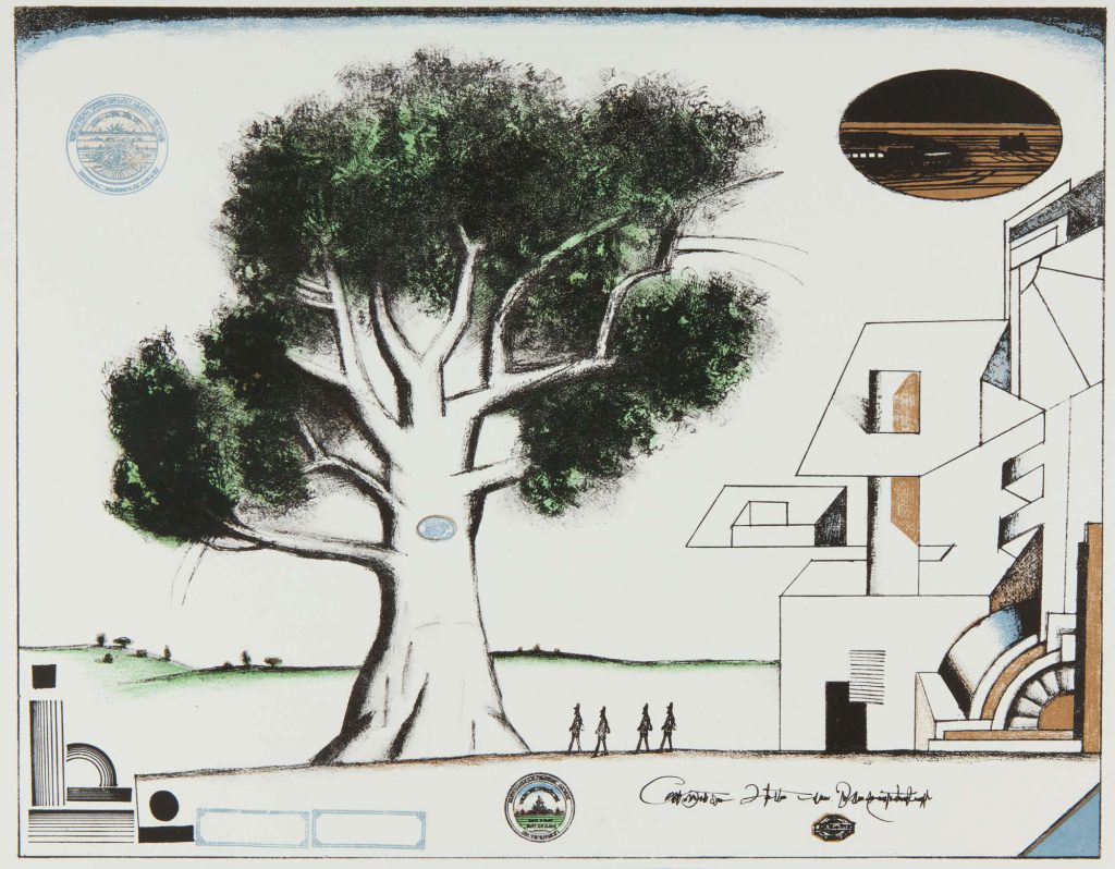 <em>Tree Bauhaus</em>, 1968. Lithograph, 22 ¼ x 29 1/8 in. The Saul Steinberg Foundation.