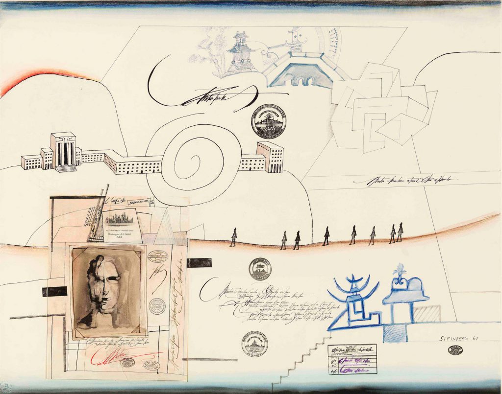 <em>The Smithsonian</em>, 1967. Ink, gouache, watercolor, rubber stamps, colored pencil, crayon, and pencil on paper, 22 ½ x 28 ¼ in. National Gallery of Art, Washington, DC; Gift of The Saul Steinberg Foundation.