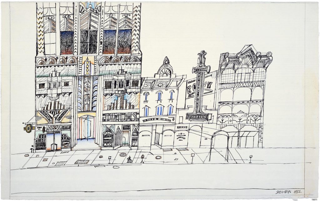 <em>Lower Broadway</em>, 1952. Ink, pencil, and crayon on paper, 14 ½ x 23 in. Museum of the City of New York; Gift of The Saul Steinberg Foundation.