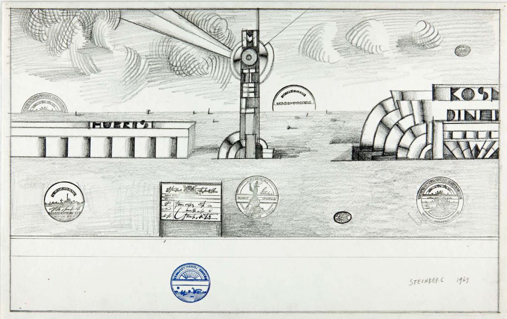 <em>Untitled</em>, 1969. Conté crayon, rubber stamps, pencil, and ink on paper, 14 ½ x 23 in. Minneapolis Institute of Art; Gift of The Saul Steinberg Foundation.