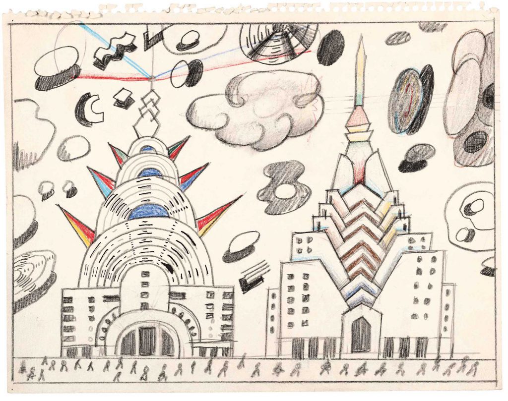 <em>Untitled</em>, 1974. Crayon, colored pencil, and pencil on paper, 11 x 14 in. Saul Steinberg Papers, Beinecke Rare Book and Manuscript Library, Yale University.