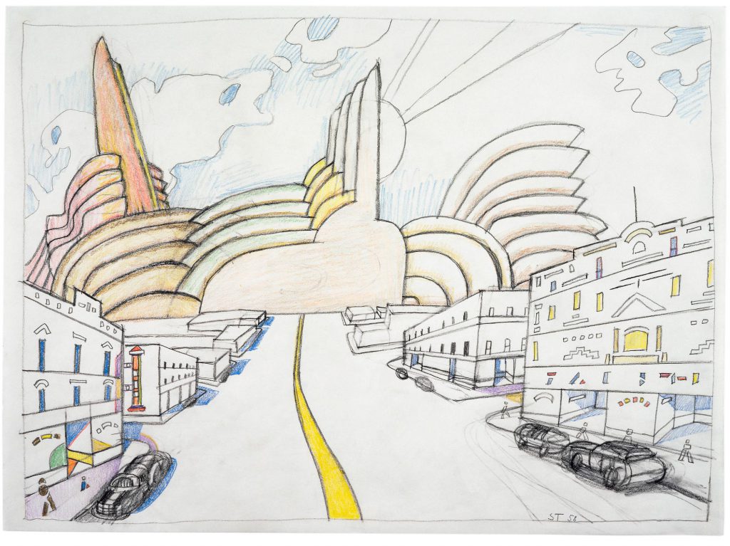 <em>Wyoming</em>, 1985 (misdated “1958” by Steinberg). Oil pastel, crayon, and pencil on paper, 17 7/8 x 24 in. Boca Raton Museum of Art, Boca Raton, Florida; Gift of The Saul Steinberg Foundation.
