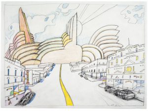 Wyoming, 1985 (misdated “1958” by Steinberg). Oil pastel, crayon, and pencil on paper, 17 7/8 x 24 in. The Saul Steinberg Foundation