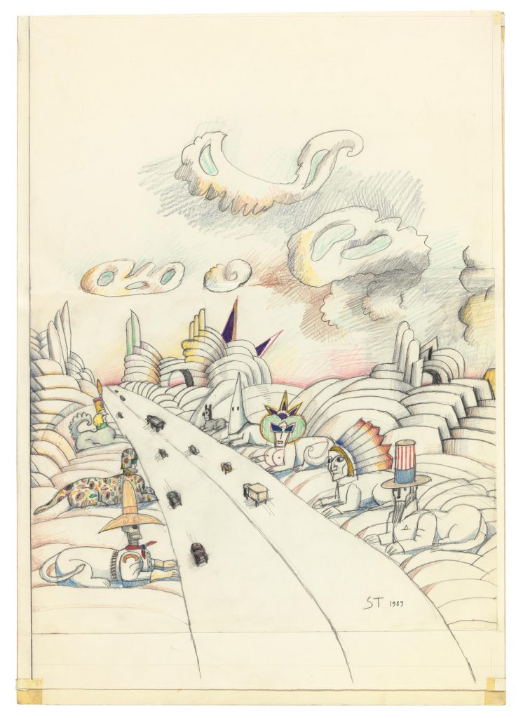 Original drawing for <em>The New Yorker</em> cover, September 7, 1992. <em>Untitled [Las Vegas]</em>, 1989. Pencil, colored pencil, and crayon on two sheets, 27 5/8 x 20 in. The Art Institute of Chicago; Gift of The Saul Steinberg Foundation.