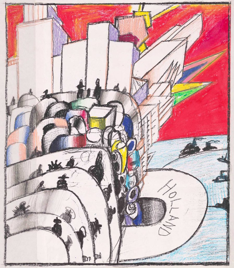 Original drawing for page in <em>Canal Street</em>, 1990. <em>Untitled</em>, 1989-90. Crayon, colored pencil, and pencil over photocopy, 17 x 14 ½ in. Saul Steinberg Papers, Beinecke Rare Book and Manuscript Library, Yale University.