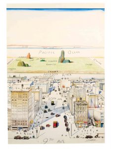 View of the World from 9th Avenue, 1976. Ink, pencil, colored pencil, and watercolor on paper, 28 x 19 in. Private collection. Drawing for The New Yorker cover, March 29, 1976.