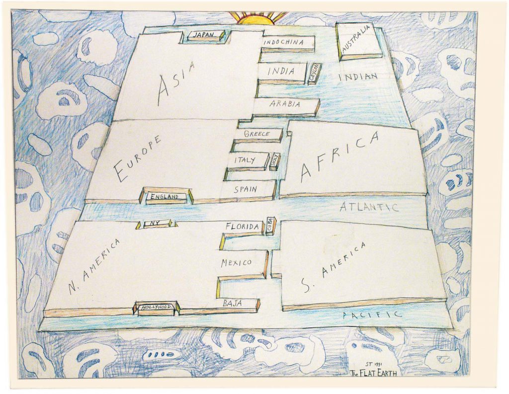 <em>The Flat Earth</em>, 1991. Pencil, crayon, and colored pencil on paper, 27 x 35 in. The Saul Steinberg Foundation.