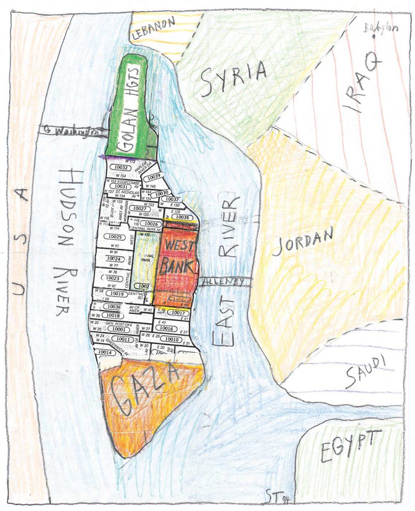 <em>Zip Code Map</em>, 1994. Pencil, crayon, colored pencil, and collage on paper, 13 ½ x 11 in. 14 x 11 in. Saul Steinberg Papers, Beinecke Rare Book and Manuscript Library, Yale University.