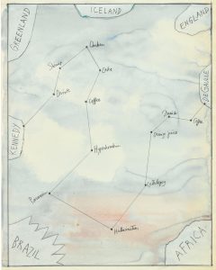 Flight Map, 1980s. Watercolor, collage, and pencil on paper, 23 1/8 x 14 5/8 in. Centre Pompidou, Paris; Gift of The Saul Steinberg Foundation
