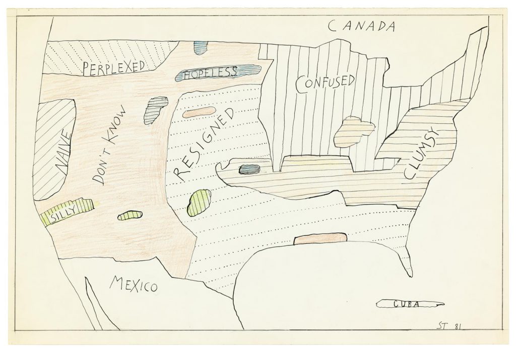 <em>Statistics U.S.A.</em>, 1981. Ink over pencil, and colored pencil on paper, 14 ½ x 21 ½ in. The Saul Steinberg Foundation.