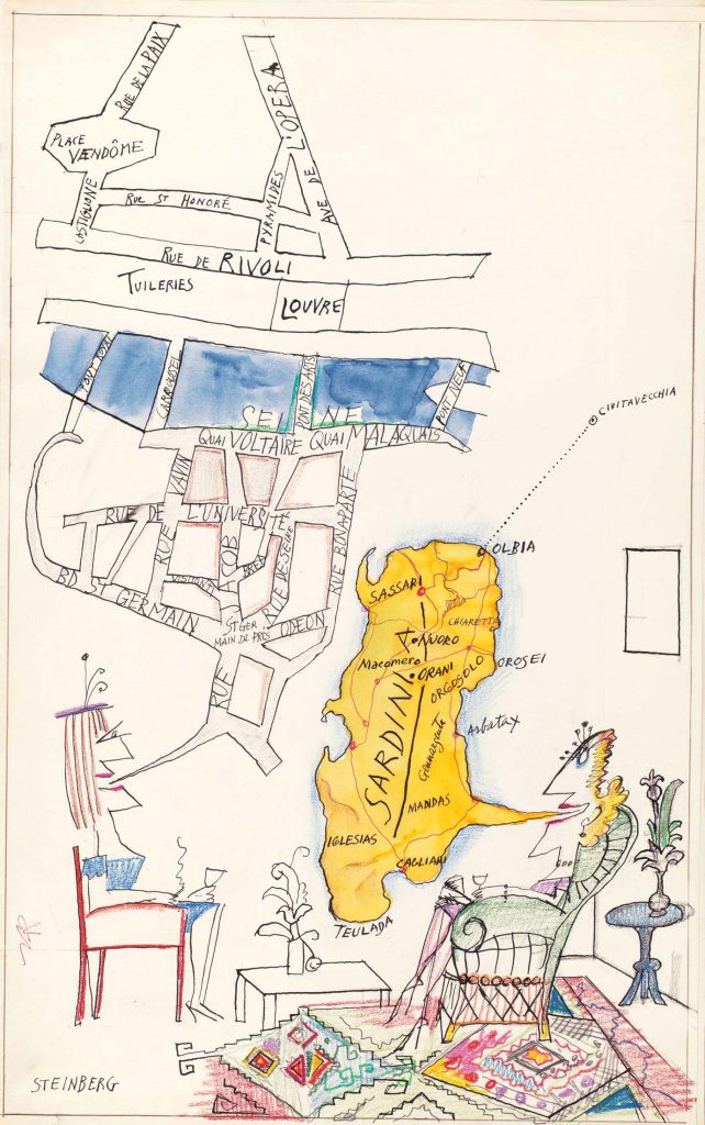<em>Untitled [Paris-Sardinia]</em>, 1963. Ink, ballpoint, crayon, watercolor colored pencil, and pencil on paper, 23 1/8 x 14 3/8 in. The Art Institute of Chicago; Gift of The Saul Steinberg Foundation