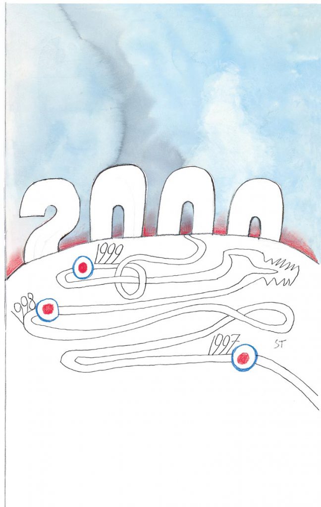 2000, 1996. Pencil, ink, watercolor, crayon, and collage on paper, 21 ½ x 14 1/8 in. Morgan Library & Museum, New York; Gift of The Saul Steinberg Foundation. Original drawing for The New Yorker cover, January 6, 1997.