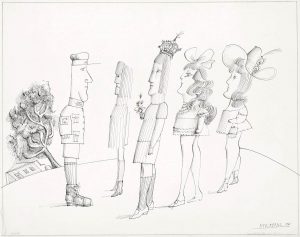 LMB 566, 1968. Ink on paper, 14 ¼ x 17 ¼ in. Private collection. In Steinberg’s self-portrait at left, he wears the armband of his school (Liceul Matei Basarab) and his student number.