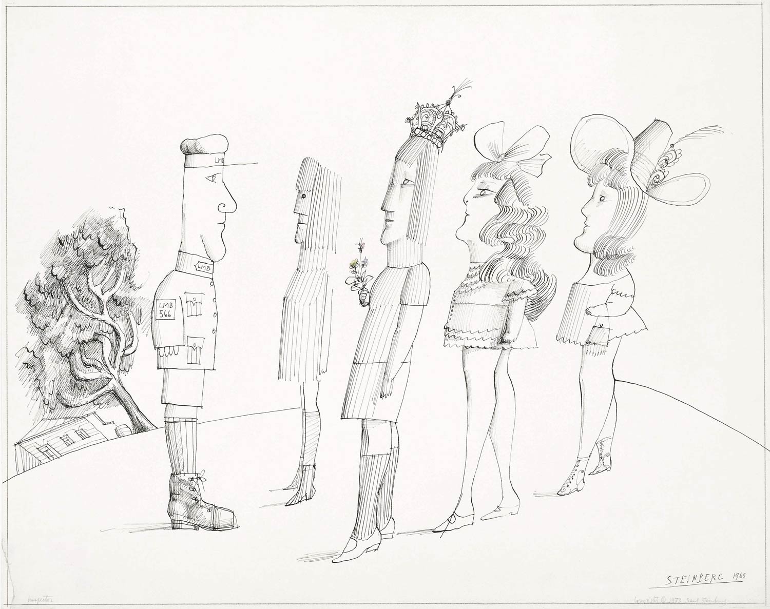 <em>LMB 566</em>, 1968. Ink on paper, 14 ¼ x 17 ¼ in. Private collection. In Steinberg’s self-portrait at left, he wears the armband of his school (Liceul Matei Basarab) and his student number.