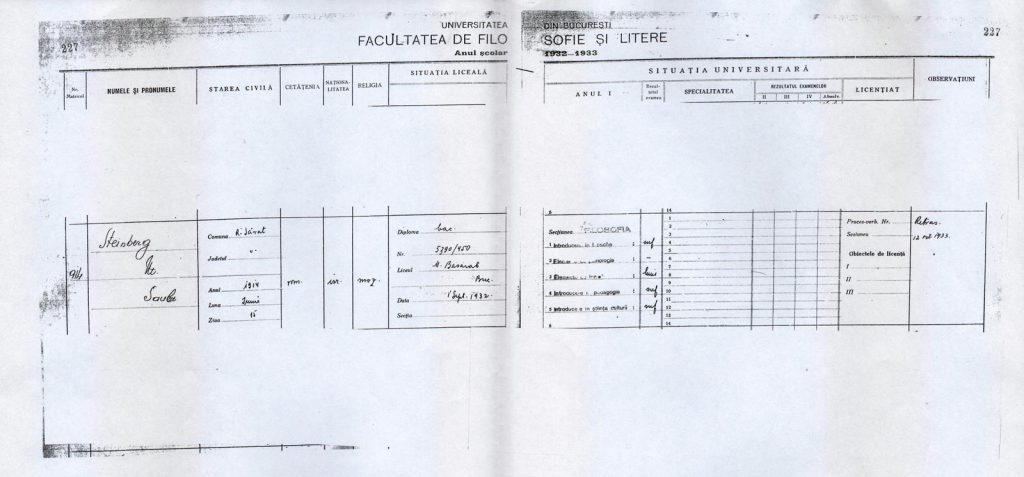 Transcript from Steinberg’s year at the University of Bucharest, 1932-33. Politecnico di Milano - Archivi Storici, Archivio Storico di Ateneo.