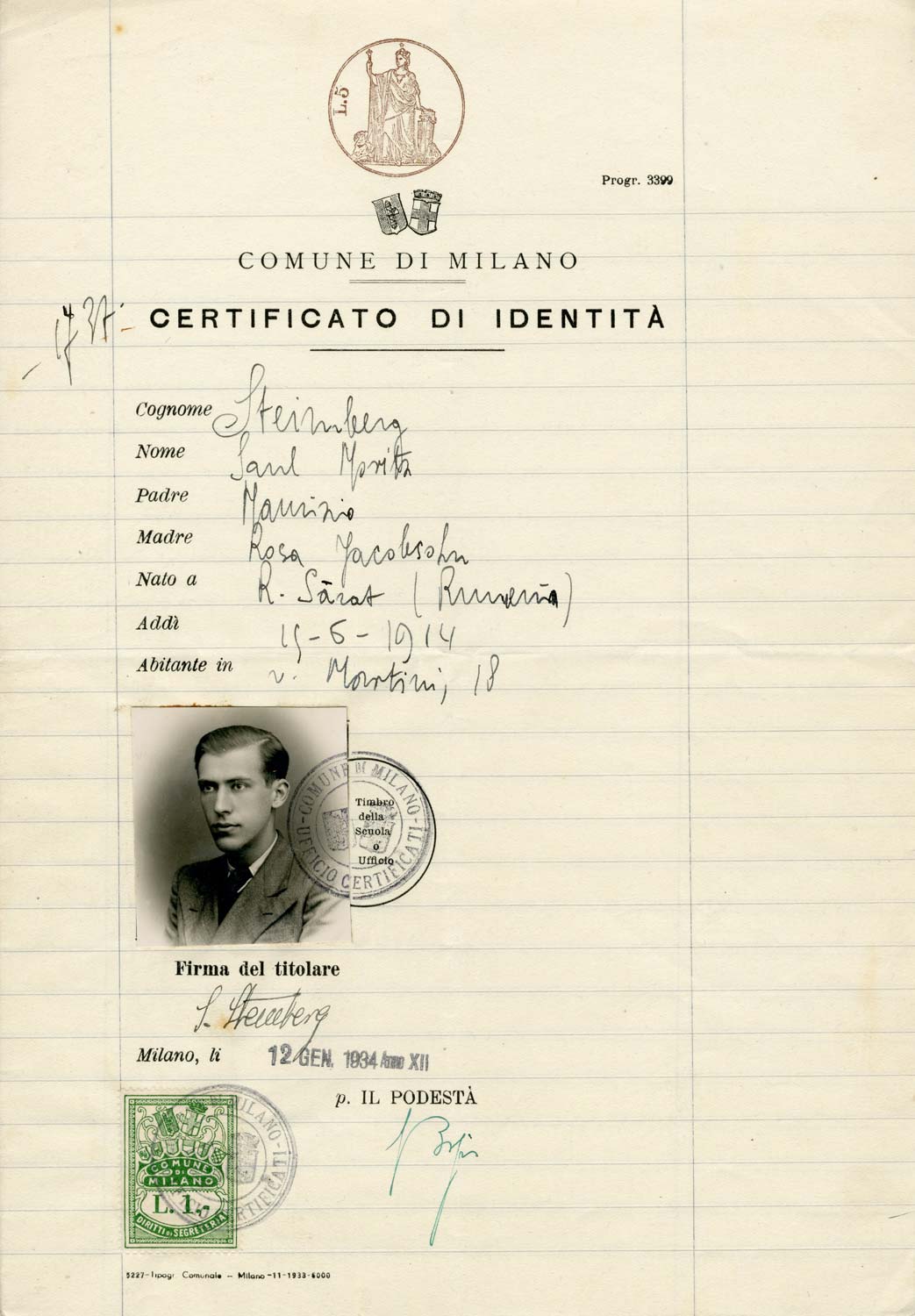 Steinberg’s identity card, issued by the city of Milan, January 1934. Politecnico di Milano - Archivi Storici, Archivio Storico di Ateneo.