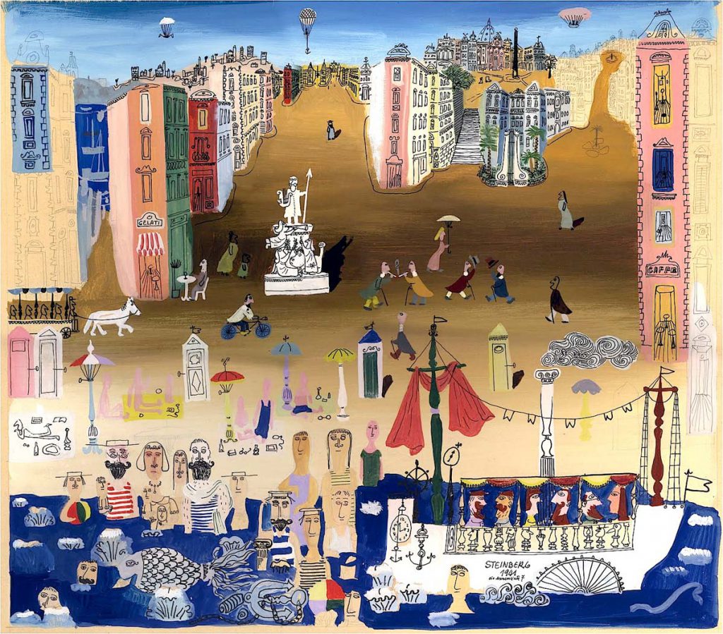 Steinberg’s reduced copy of his Rapallo painting, made while staying in the studio of Luciano Pozzo and Aldo Buzzi. Gouache (?), 20 x 20 in. Inscribed “Steinberg 1941/Via Annunziata 7.” Collection of Giò Pozzo.