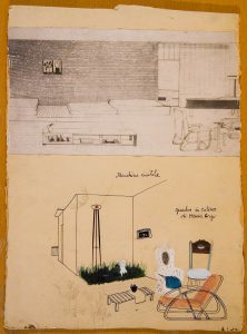 Top: reproduction of a Steinberg 1940 drawing of a modern interior for a Politecnico examination. 4 ½ x 8 in, mounted on board. Bottom: design of an interior-exterior with a Hans Arp painting and Bruno Munari’s Macchina inutile, 1940. Pencil, ink, and gouache on board, 11 5/8 x 8 ½ in. Both drawings made for a Politenico examination. Angelini Collection.