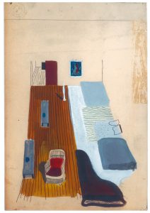 Perspective rendering of an interior, c. 1939-40. Gouache on board, 11 5/8 x 7 ¾ in. Angelini Collection. Probably made for a Politecnico examination.
