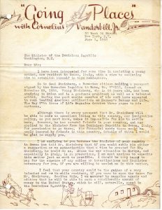 Letter from Cornelius Vanderbilt, Jr. to the Minister of the Dominican Republic in Washington, June 1, 1940. The Saul Steinberg Foundation.