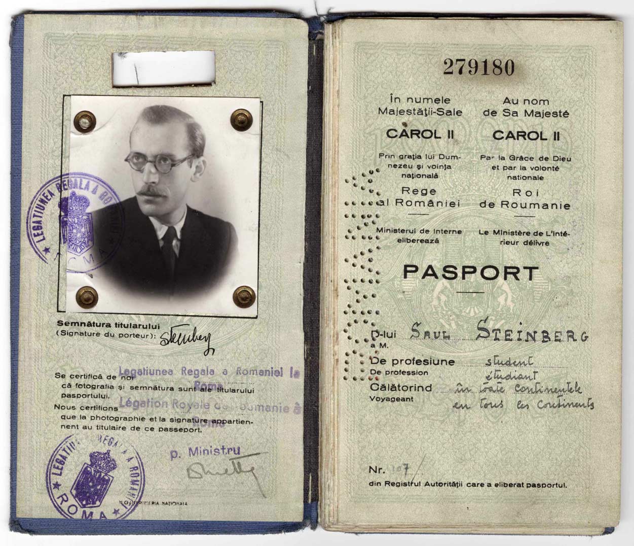 First pages of Steinberg’s expired Romanian passport. The punch holes spelling “Romania” in the inner margin mark the passport’s cancellation. Saul Steinberg Papers, Beinecke Rare Book and Manuscript Library, Yale University.