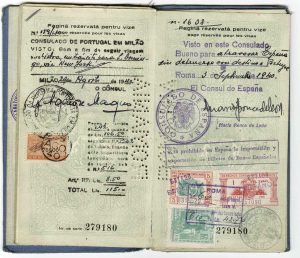Pages from Steinberg’s Romanian passport. Left, transit visa dated August 29, 1940, from the Portuguese Consul in Milan; right, transit vist dated September 3, 1940, from Spanish Consul in Rome. Saul Steinberg Papers, Beinecke Rare Book and Manuscript Library, Yale University.