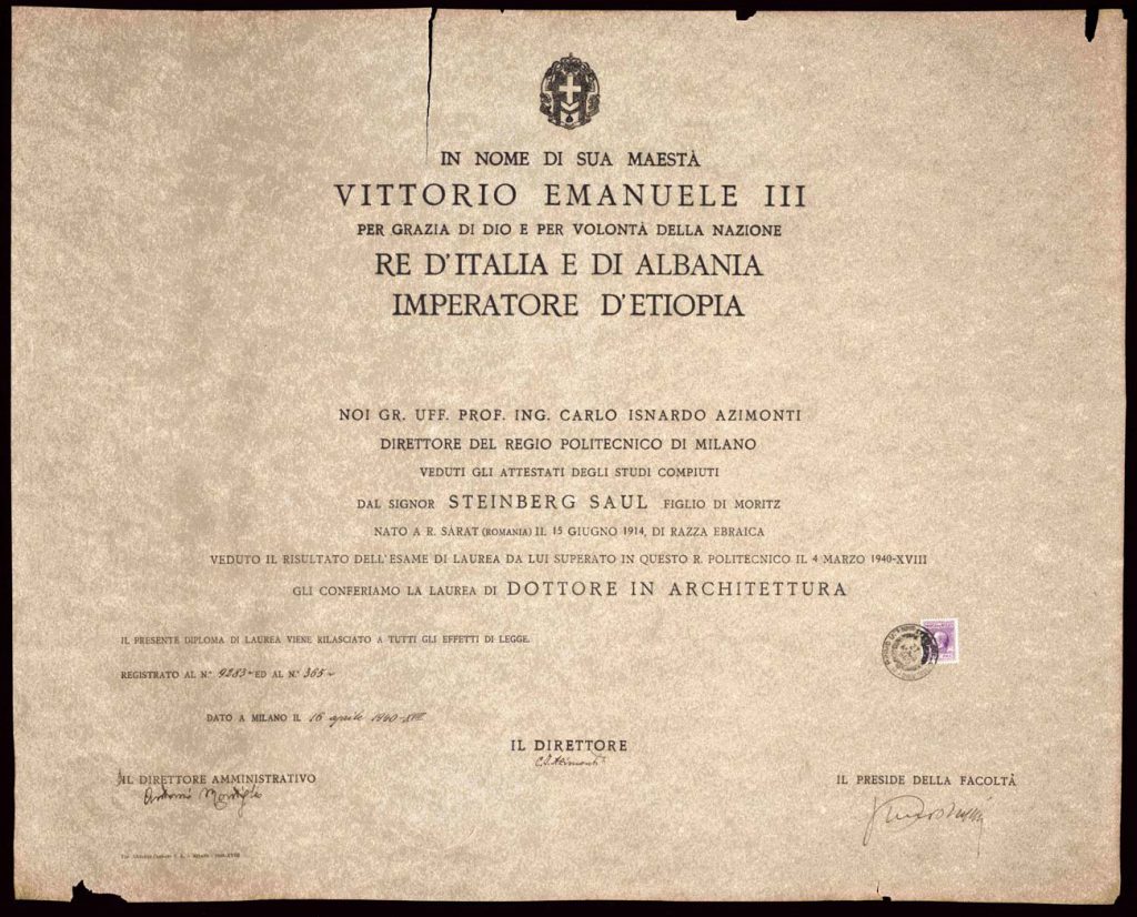 Steinberg’s diploma from the Politecnico, dated April 16, 1940, and inscribed to “Saul Steinberg…di razza ebraica”—“of the Hebrew race.” Saul Steinberg Papers, Beinecke Rare Book and Manuscript Library, Yale University.