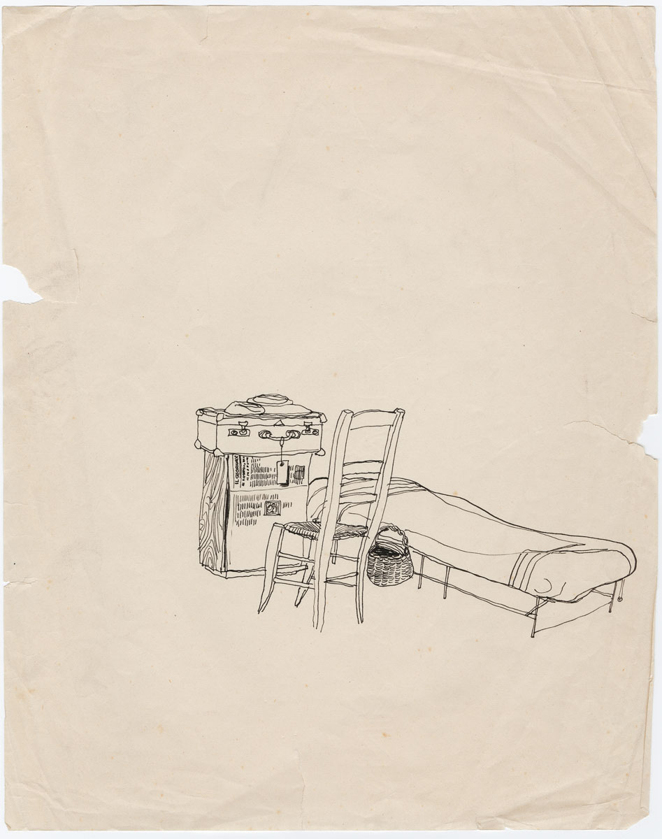 Sketch of Steinberg’s space in the prisoners’ dormitory at the Villa Tonelli, May 1941, from a 1940-43 journal. Saul Steinberg Papers, Beinecke Rare Book and Manuscript Library, Yale University.