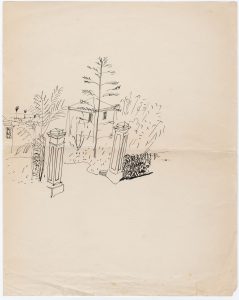 Sketch of the entrance to the Villa Tonelli, the internment camp at Tortoreto, May 1941, from a 1940-43 journal. Saul Steinberg Papers, Beinecke Rare Book and Manuscript Library, Yale University.