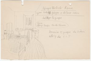 Steinberg’s room at the Albergo Pomezia, Rome, June 12-16, 1941, from a 1940-43 journal. Saul Steinberg Papers, Beinecke Rare Book and Manuscript Library, Yale University.