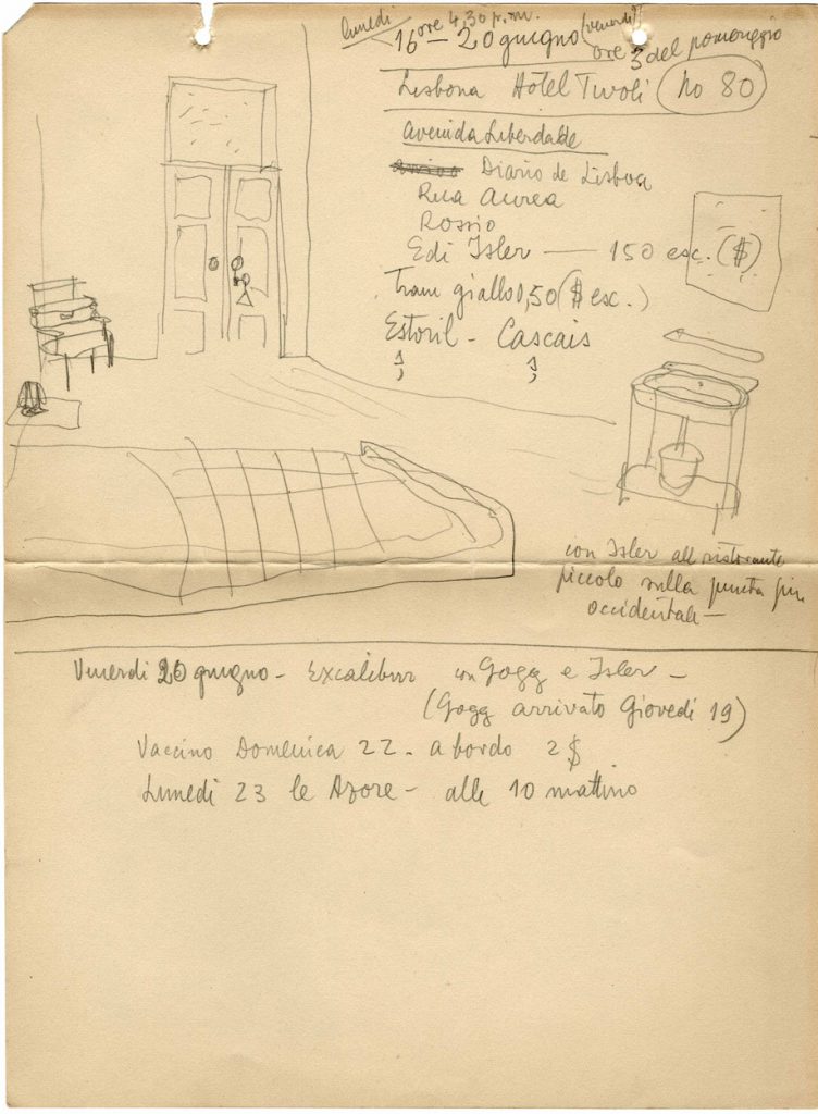 Steinberg’s room at the Hotel Tivoli, Lisbon, June 16-20, 1941, from a 1940-43 journal. Saul Steinberg Papers, Beinecke Rare Book and Manuscript Library, Yale University.