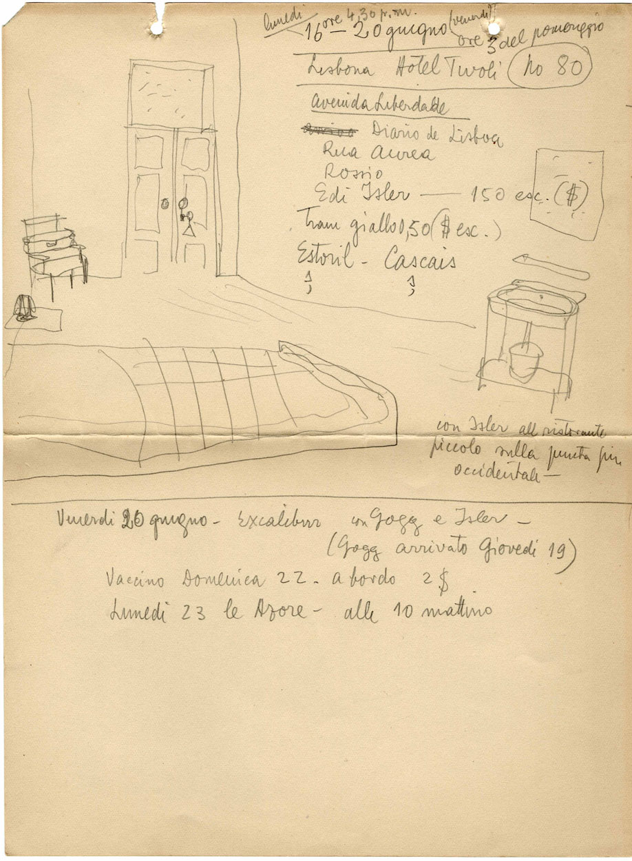 Steinberg’s room at the Hotel Tivoli, Lisbon, June 16-20, 1941, from a 1940-43 journal. Saul Steinberg Papers, Beinecke Rare Book and Manuscript Library, Yale University.