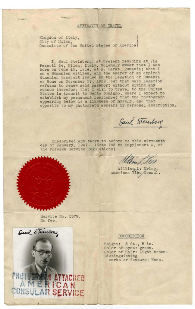 Affidavit of travel from the US Consulate in Milan, January 16, 1941, enabling Steinberg to pass through the United States in transit to Santo Domingo with his expired Romanian passport. Saul Steinberg Papers, Beinecke Rare Book and Manuscript Library, Yale University.