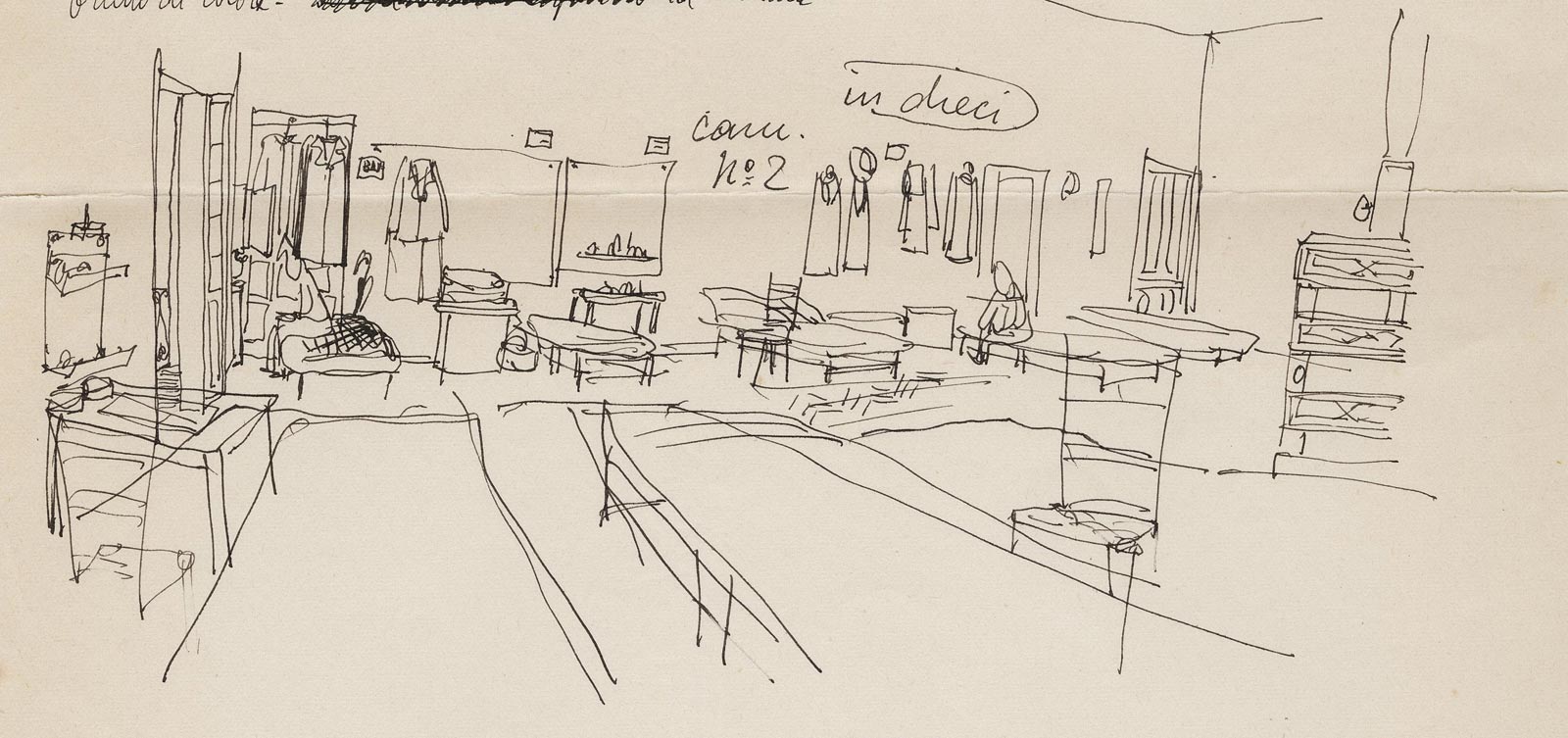 Sketch of the prisoners’ dormitory in the internment camp at Tortoreto, May 1941, from a 1940-43 journal. Saul Steinberg Papers, Beinecke Rare Book and Manuscript Library, Yale University.