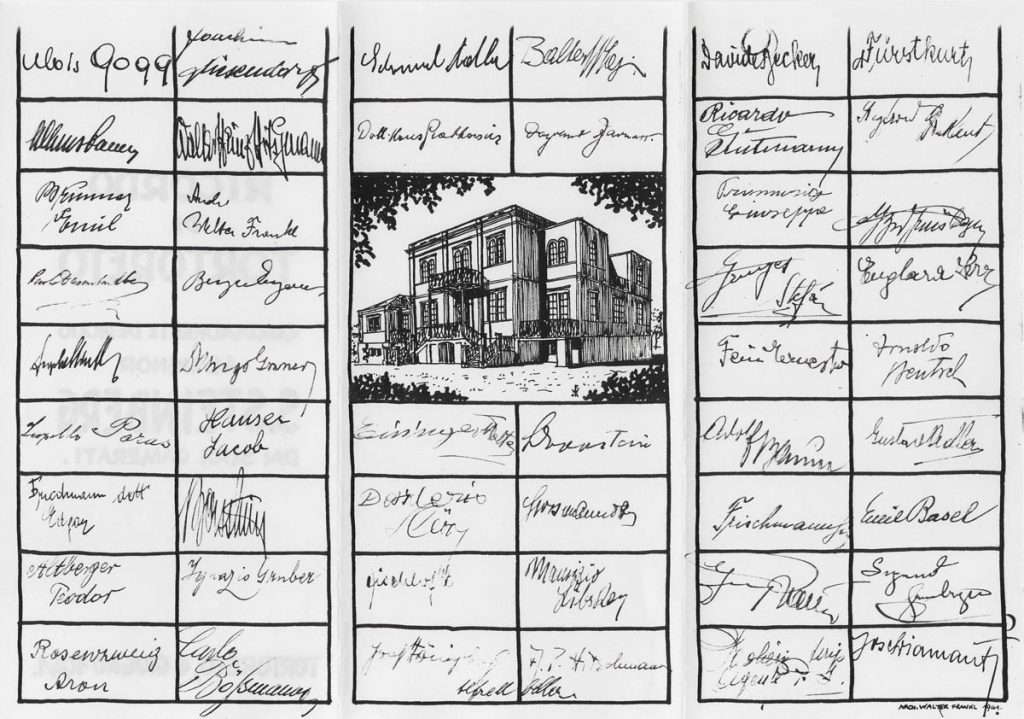 Farewell souvenir to Steinberg from his fellow prisoners at Tortoreto, June 6, 1941. Drawing of the Villa Tonelli by Walter Frankl. Saul Steinberg Papers, Beinecke Rare Book and Manuscript Library, Yale University.