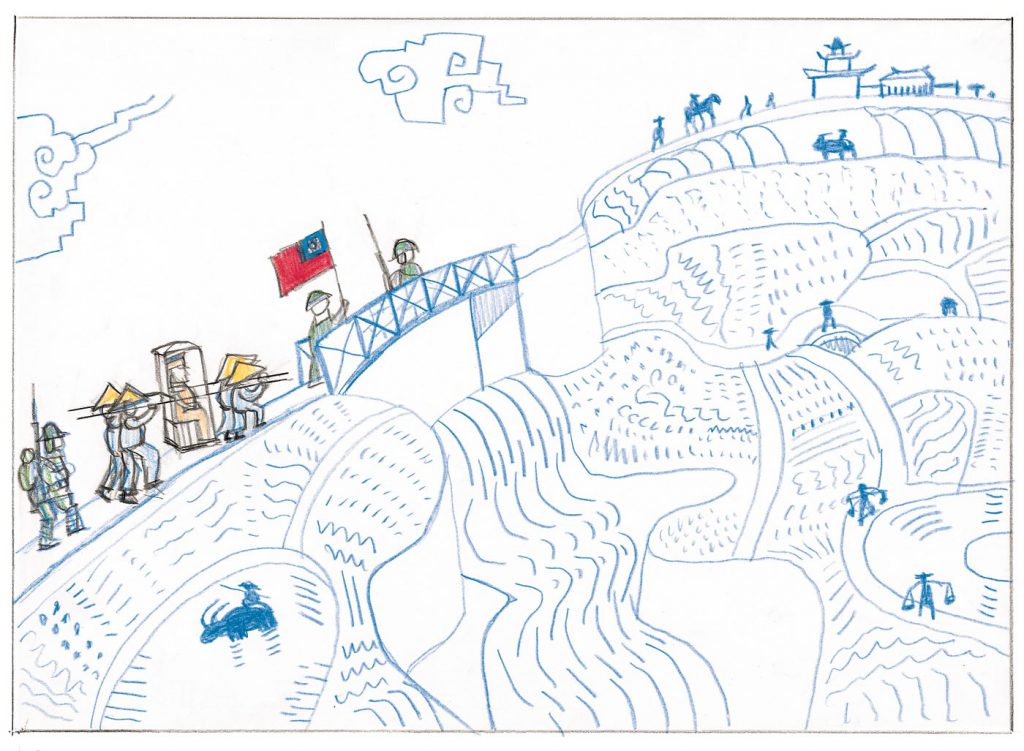 From a 1988 series of drawings reimagining his assignment in China. Pencil and crayon on paper, 11 x 15 in. Saul Steinberg Papers, Beinecke Rare Book and Manuscript Library, Yale University.