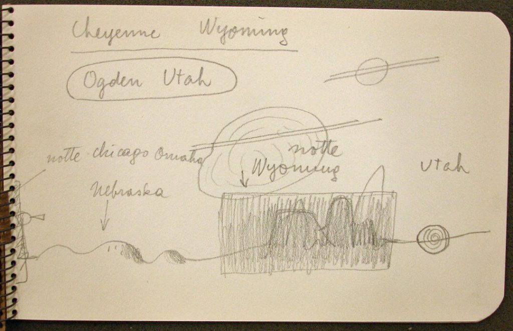 Page from Steinberg’s cross-country sketchbook, January 1943. Saul Steinberg Papers, Beinecke Rare Book and Manuscript Library, Yale University.