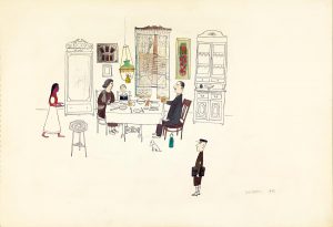 Strada Palas, 1942. Ink, pencil, and watercolor on paper, 14 7/8 x 21 ¾ in. The Saul Steinberg Foundation. One of the works in Steinberg’s 1943 show at the Wakefield Gallery.