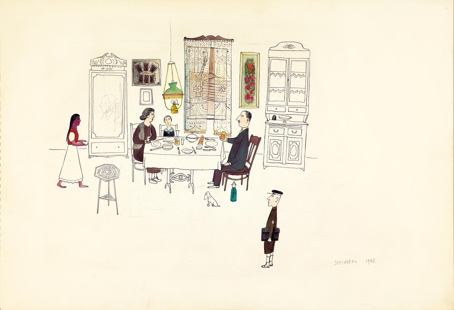 Strada Palas, 1942. Ink, pencil, and watercolor on paper, 14 7/8 x 21 ¾ in. The Saul Steinberg Foundation. One of the works in Steinberg’s 1943 show at the Wakefield Gallery.